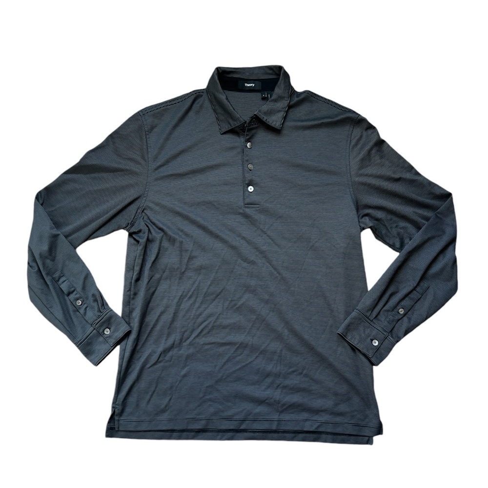 Theory Mens Gray Stripe Collar Long Sleeve Polo Shirt Size Large Pima Cotton